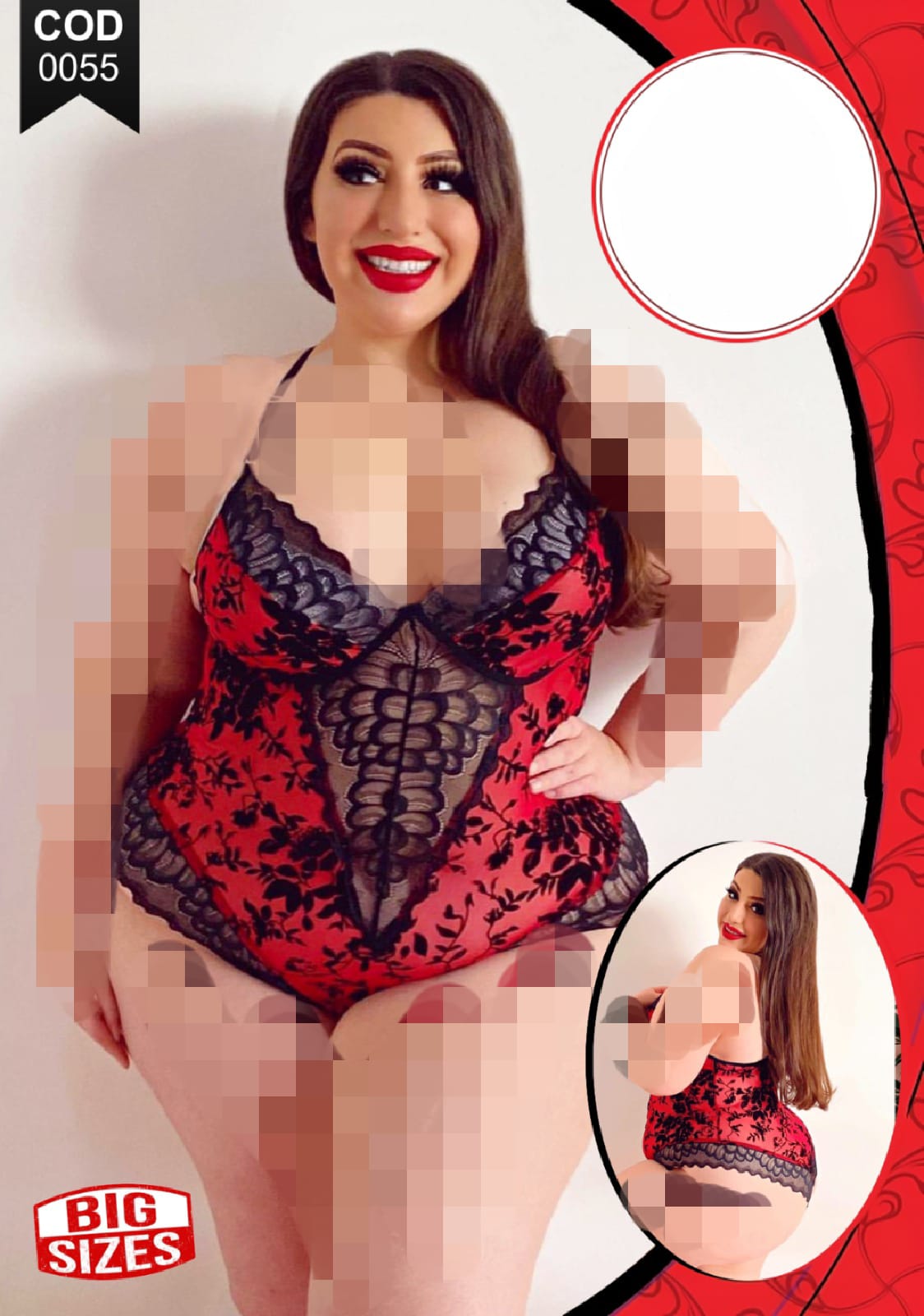 طقم لانجري مثير دانتيل أحمر وأسود Plus Size